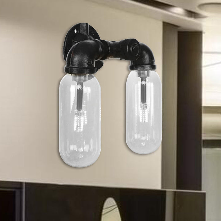 BowLift | Metal Oval Shadow Wall Lamp Industrial 2 Lights Bedroom Wall Mounted Pipe Light in Black