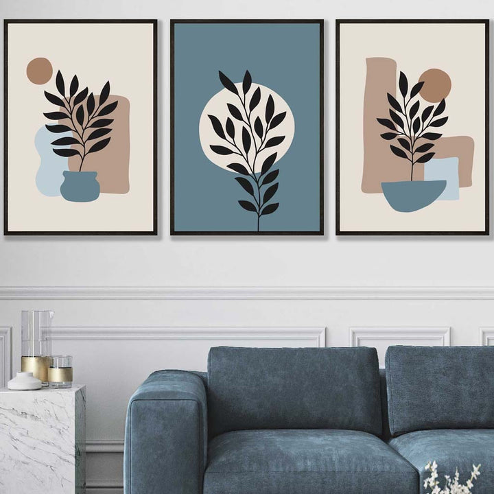 Botanical Set of 3 Boho Wall Art Prints in Blue and Brown | Bowlift