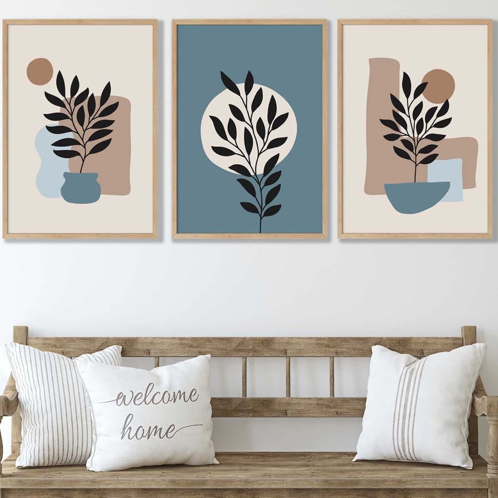 Botanical Set of 3 Boho Wall Art Prints in Blue and Brown | Bowlift