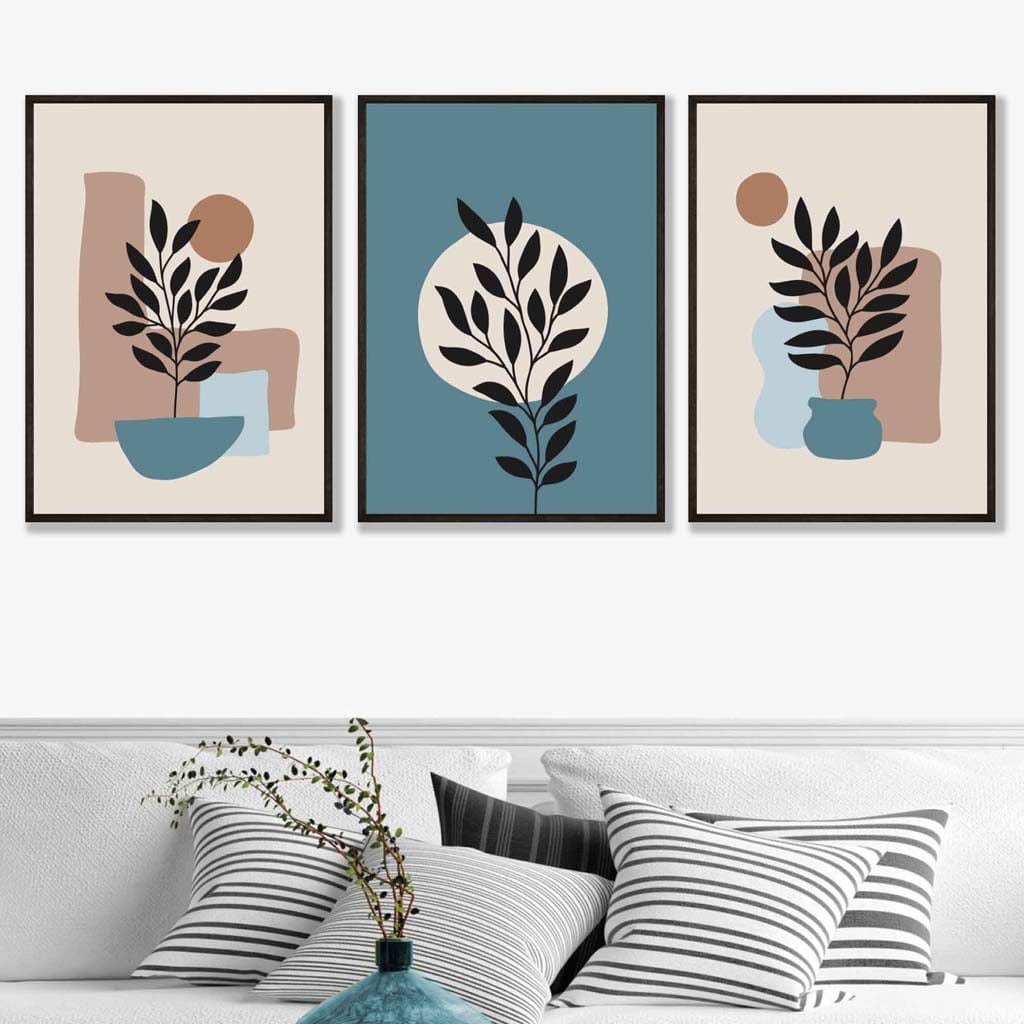 Botanical Set of 3 Boho Wall Art Prints in Blue and Brown | Bowlift