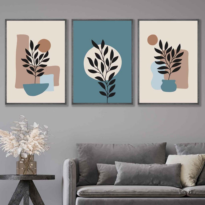 Botanical Set of 3 Boho Wall Art Prints in Blue and Brown | Bowlift