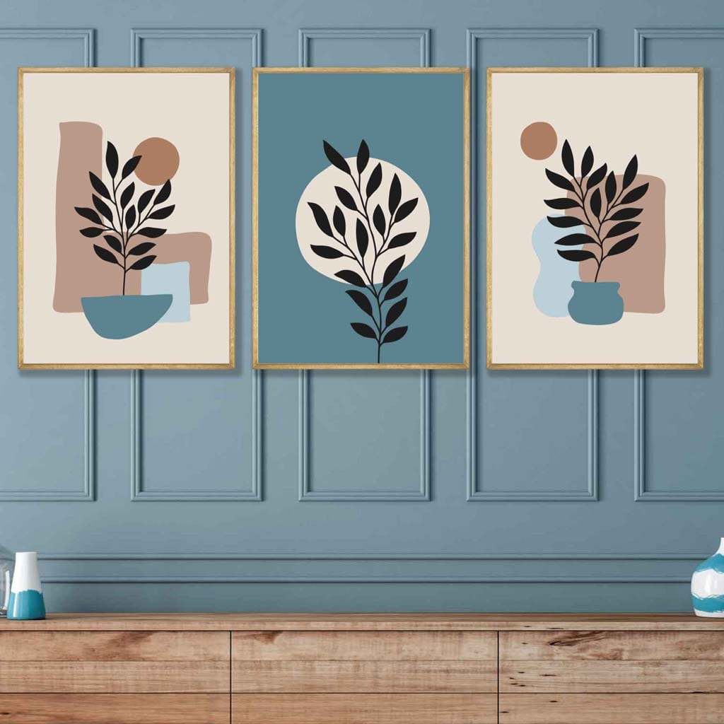 Botanical Set of 3 Boho Wall Art Prints in Blue and Brown | Bowlift