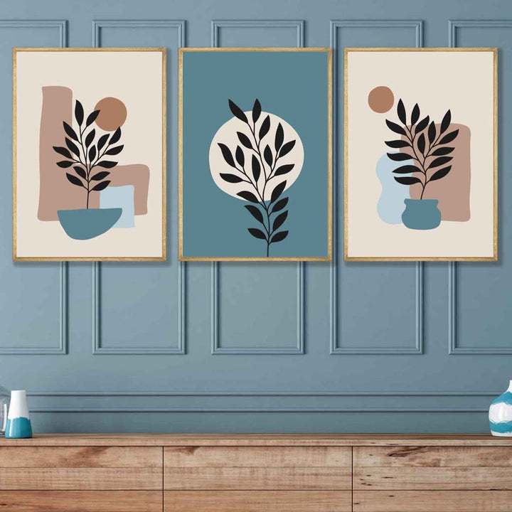 Botanical Set of 3 Boho Wall Art Prints in Blue and Brown | Bowlift