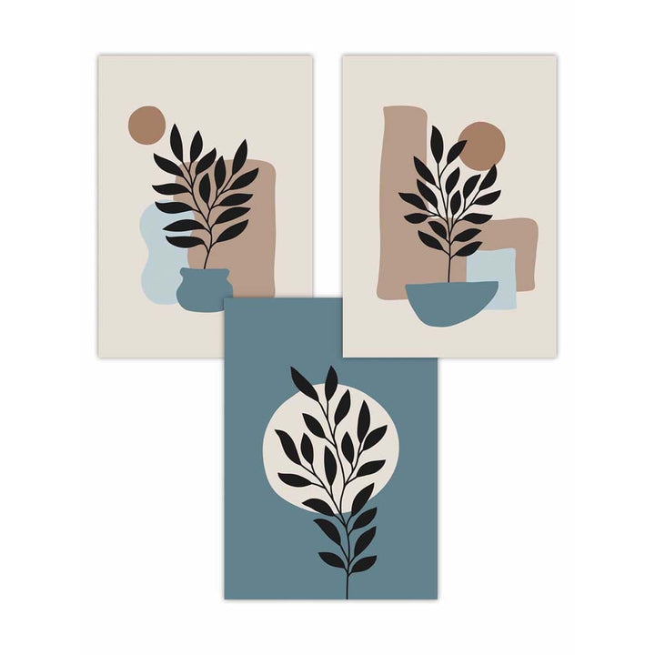 Botanical Set of 3 Boho Wall Art Prints in Blue and Brown | Bowlift