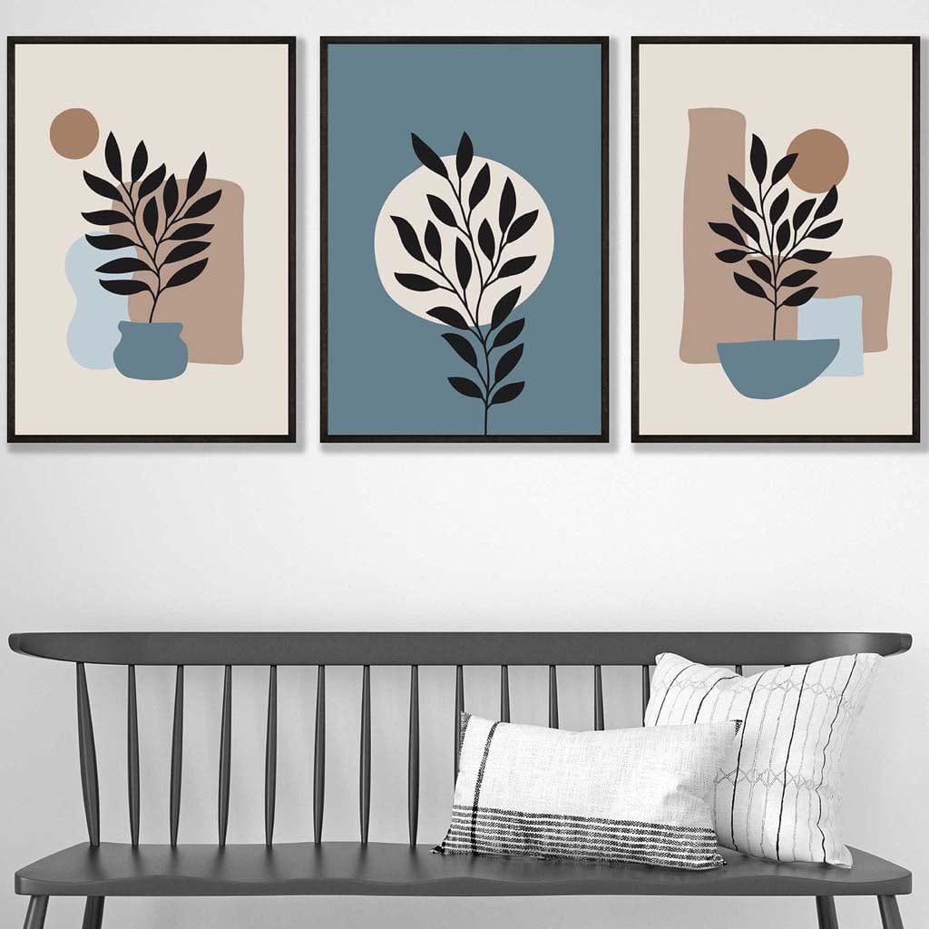 Botanical Set of 3 Boho Wall Art Prints in Blue and Brown | Bowlift