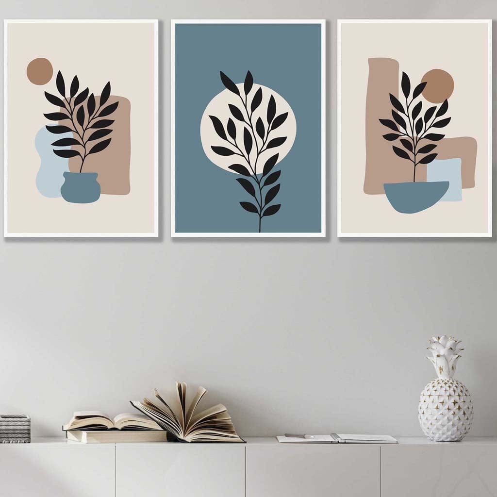 Botanical Set of 3 Boho Wall Art Prints in Blue and Brown | Bowlift