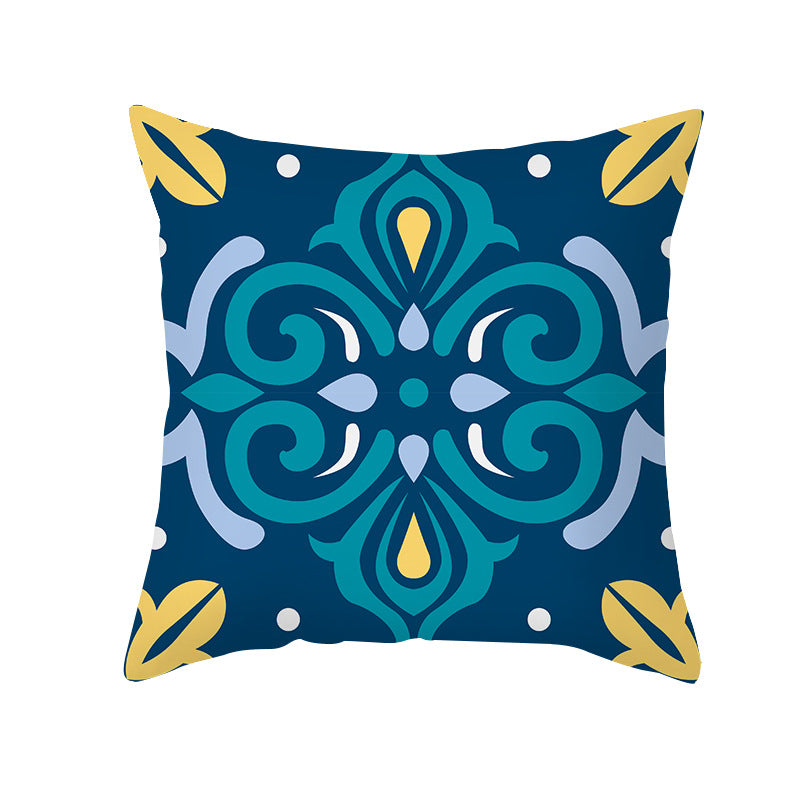 Square Modern Geometric Tile-Pattern Linen-Blend Throw Pillow Cover