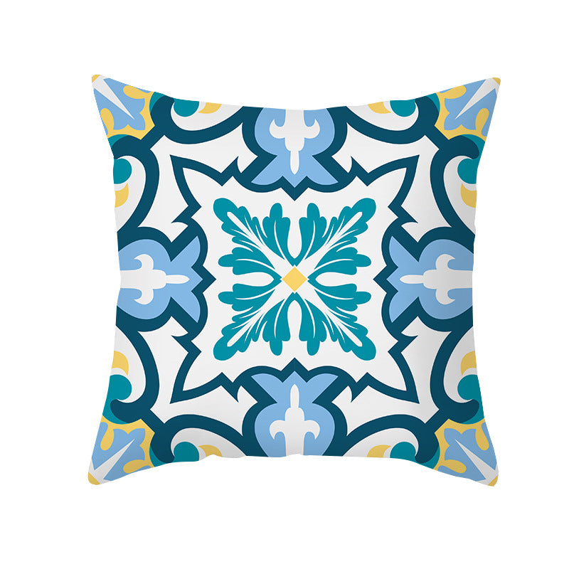 Square Modern Geometric Tile-Pattern Linen-Blend Throw Pillow Cover