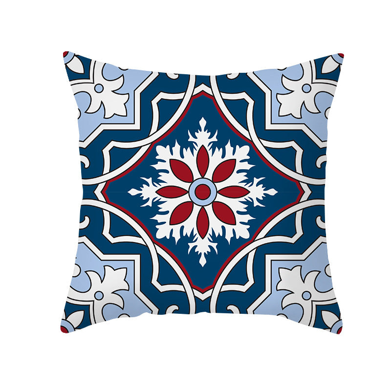 Square Modern Geometric Tile-Pattern Linen-Blend Throw Pillow Cover