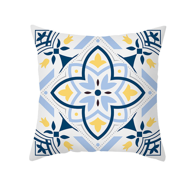 Square Modern Geometric Tile-Pattern Linen-Blend Throw Pillow Cover