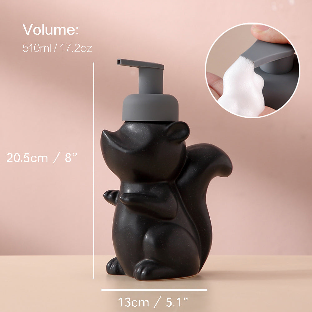 BowLift | Ceramic Soap Dispenser, Squirrel Foam Pump Bathroom Bottle, Animal Design, Refillable Reusable Lotion Pump for Bathroom Kitchen, 510ml/17.2oz