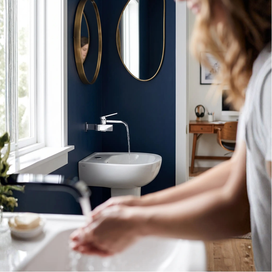 BowLift | Contemporary Wall Mounted Bathroom Faucet Lever Handles Low Arc Swivel Brass Faucet