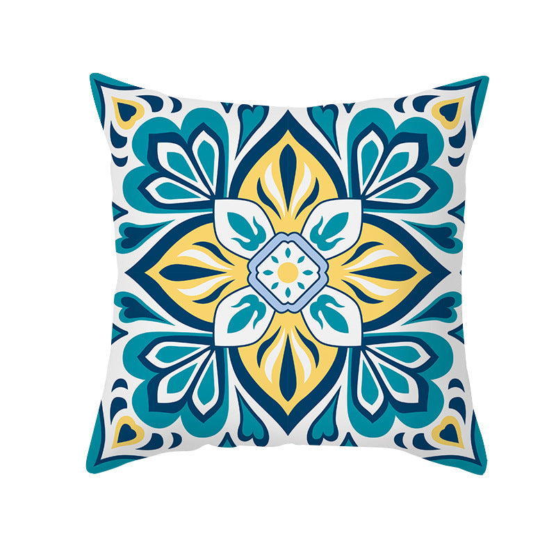 Square Modern Geometric Tile-Pattern Linen-Blend Throw Pillow Cover