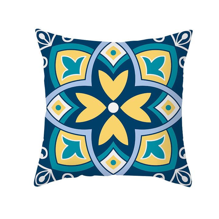 Square Modern Geometric Tile-Pattern Linen-Blend Throw Pillow Cover