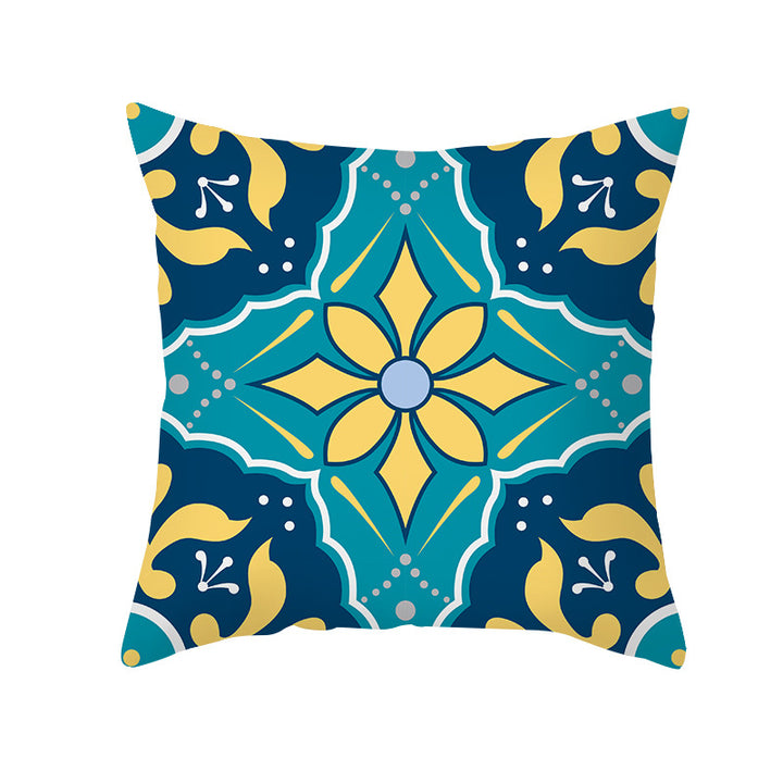 Square Modern Geometric Tile-Pattern Linen-Blend Throw Pillow Cover