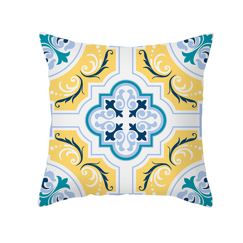 Square Modern Geometric Tile-Pattern Linen-Blend Throw Pillow Cover