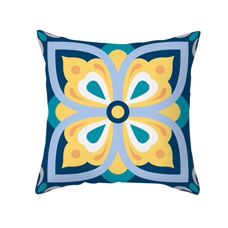 Square Modern Geometric Tile-Pattern Linen-Blend Throw Pillow Cover