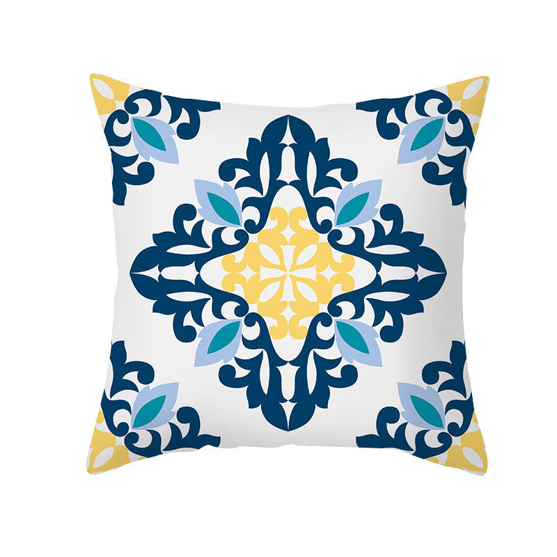Square Modern Geometric Tile-Pattern Linen-Blend Throw Pillow Cover