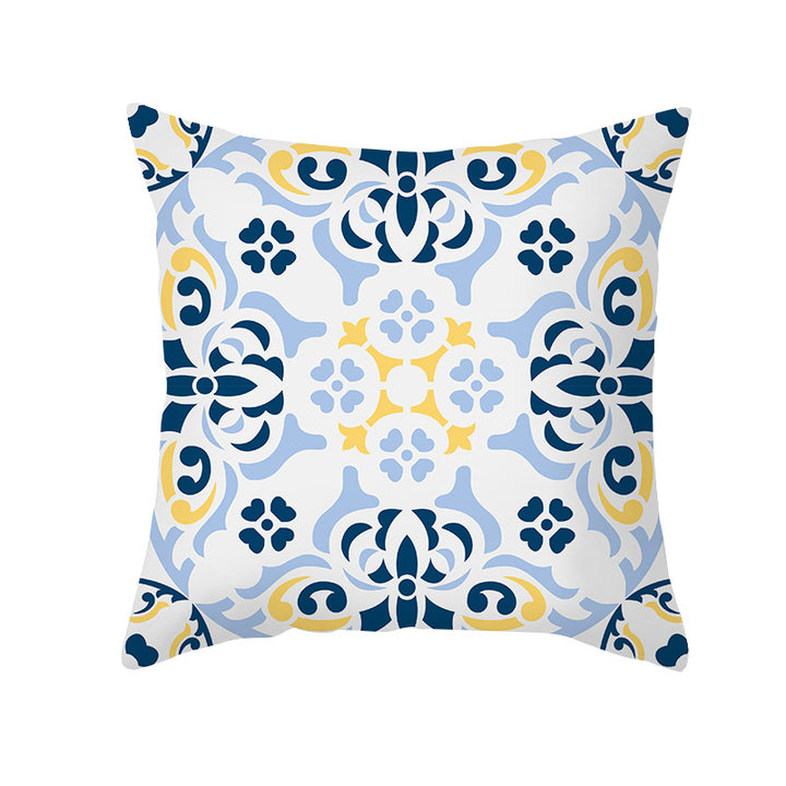 Square Modern Geometric Tile-Pattern Linen-Blend Throw Pillow Cover