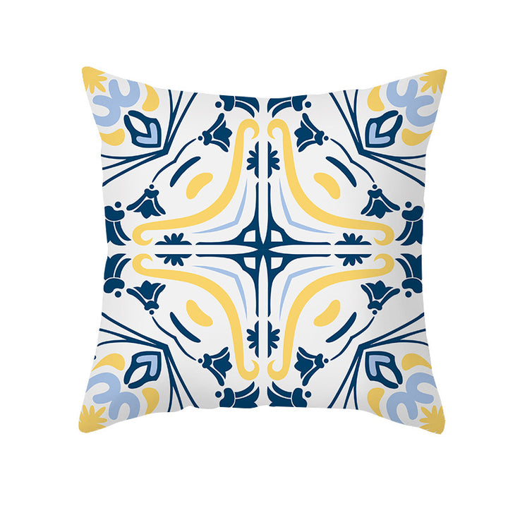 Square Modern Geometric Tile-Pattern Linen-Blend Throw Pillow Cover