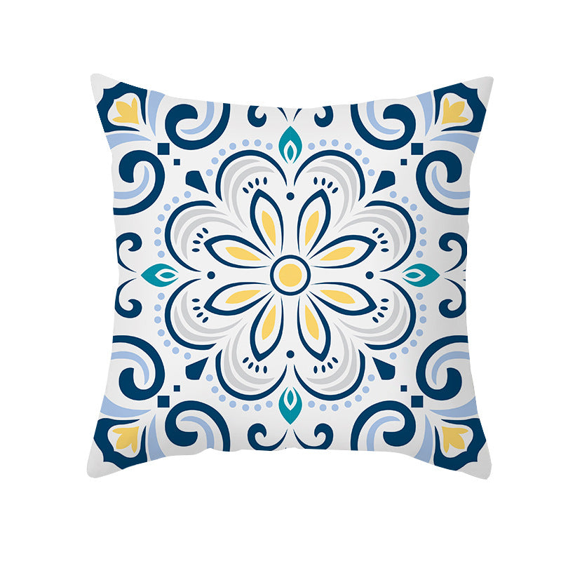 Square Modern Geometric Tile-Pattern Linen-Blend Throw Pillow Cover