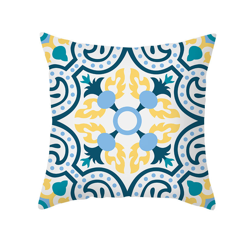 Square Modern Geometric Tile-Pattern Linen-Blend Throw Pillow Cover
