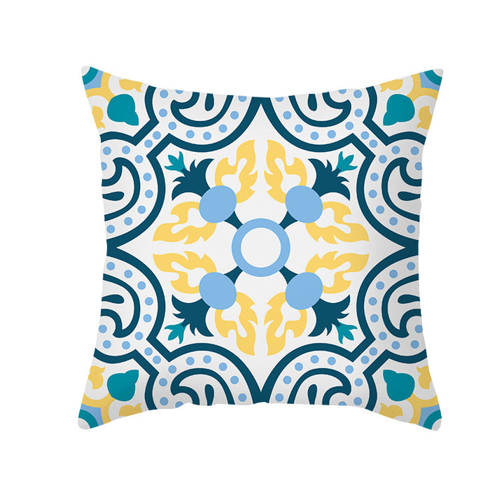 Square Modern Geometric Tile-Pattern Linen-Blend Throw Pillow Cover