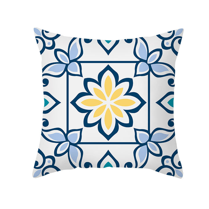 Square Modern Geometric Tile-Pattern Linen-Blend Throw Pillow Cover