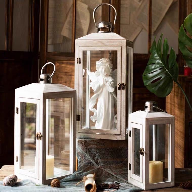 Three-Piece Rustic Whitewashed Wooden Glass Lantern Set with Metal Tops for Candles and Display Bowlift