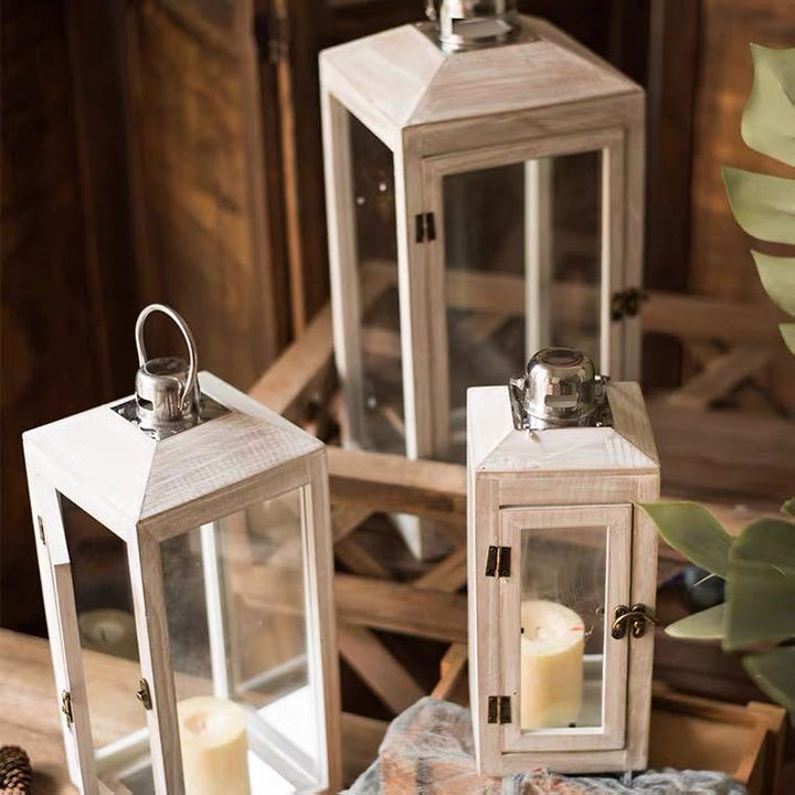 Three-Piece Rustic Whitewashed Wooden Glass Lantern Set with Metal Tops for Candles and Display Bowlift