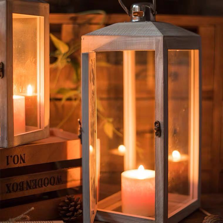 Three-Piece Rustic Whitewashed Wooden Glass Lantern Set with Metal Tops for Candles and Display Bowlift