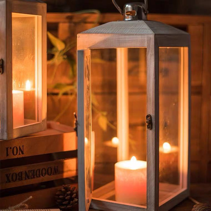Three-Piece Rustic Whitewashed Wooden Glass Lantern Set with Metal Tops for Candles and Display Bowlift