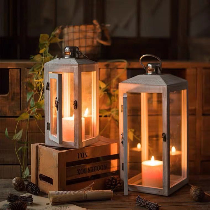 Three-Piece Rustic Whitewashed Wooden Glass Lantern Set with Metal Tops for Candles and Display Bowlift