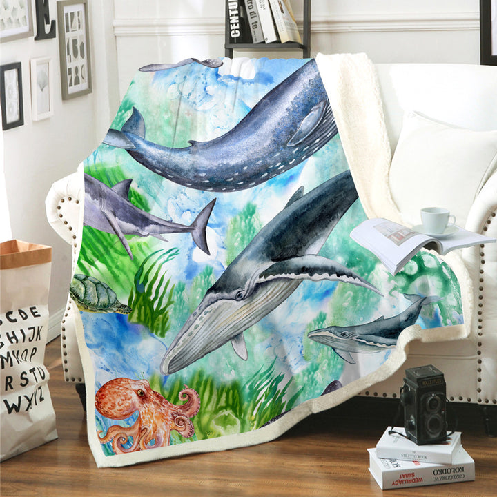 Reversible Sherpa Throw Blanket with Watercolor Dolphin Print Bowlift