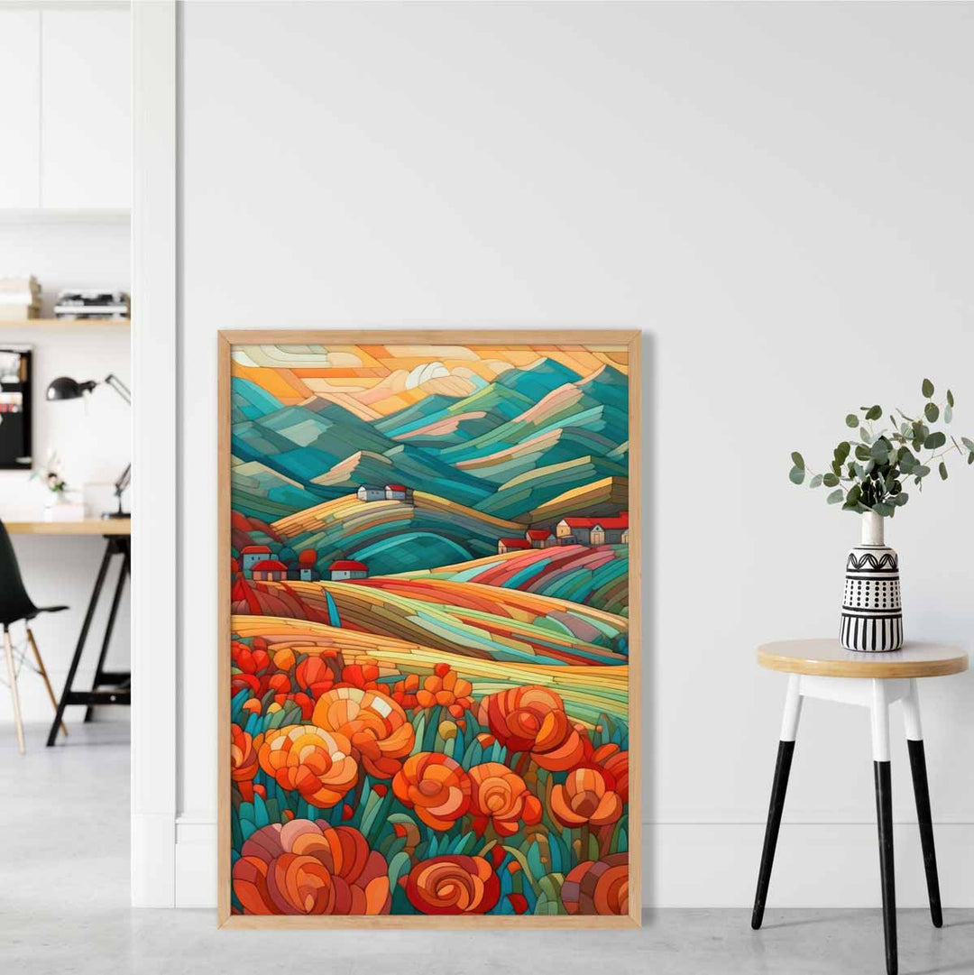 Colorful landscape with red flowers abstract painting art print | Bowlift
