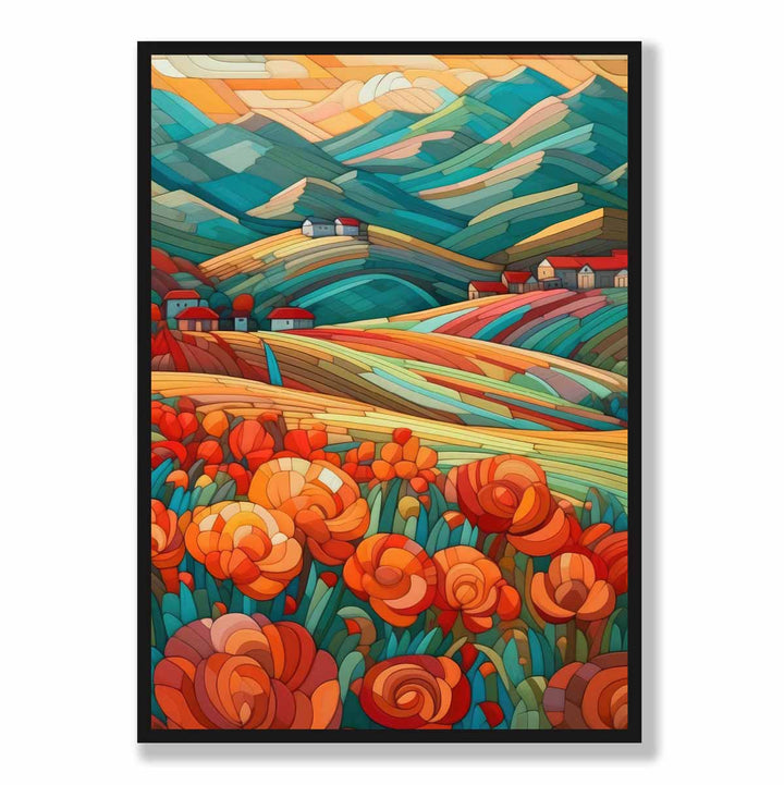 Colorful landscape with red flowers abstract painting art print | Bowlift