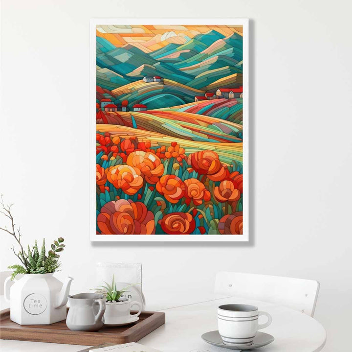Colorful landscape with red flowers abstract painting art print | Bowlift