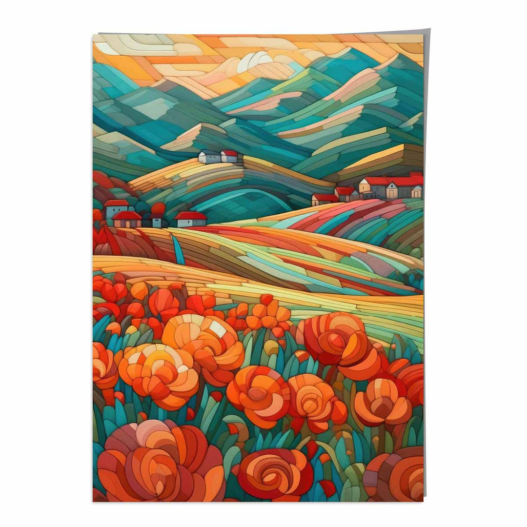 Colorful landscape with red flowers abstract painting art print | Bowlift