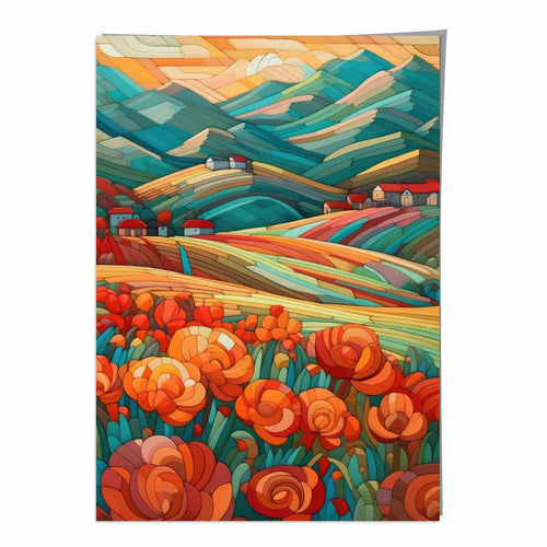 Colorful landscape with red flowers abstract painting art print | Bowlift