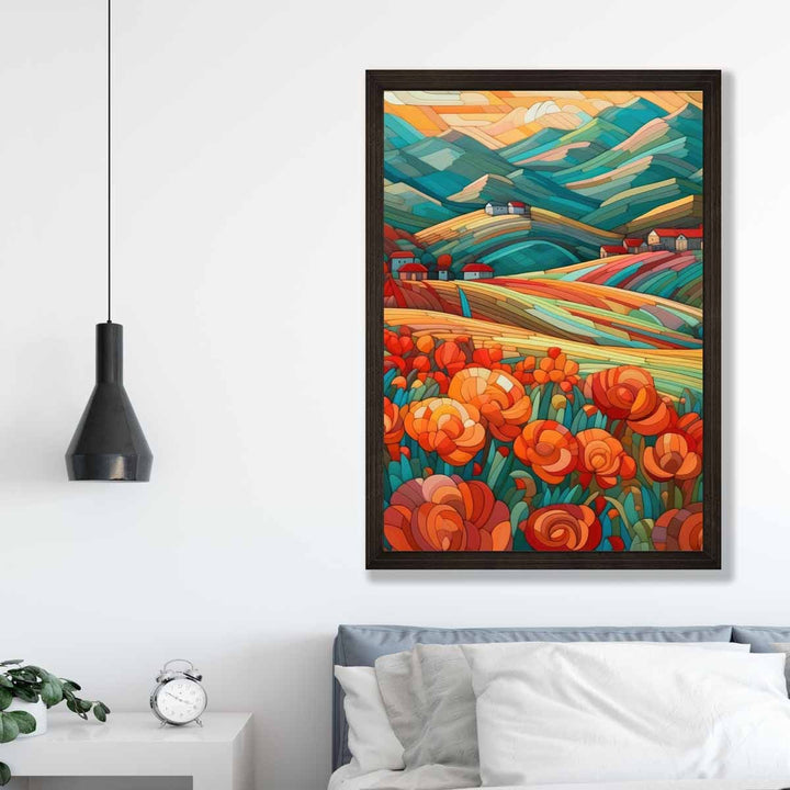 Colorful landscape with red flowers abstract painting art print | Bowlift