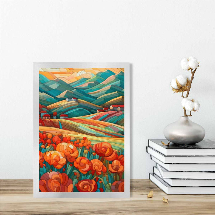 Colorful landscape with red flowers abstract painting art print | Bowlift