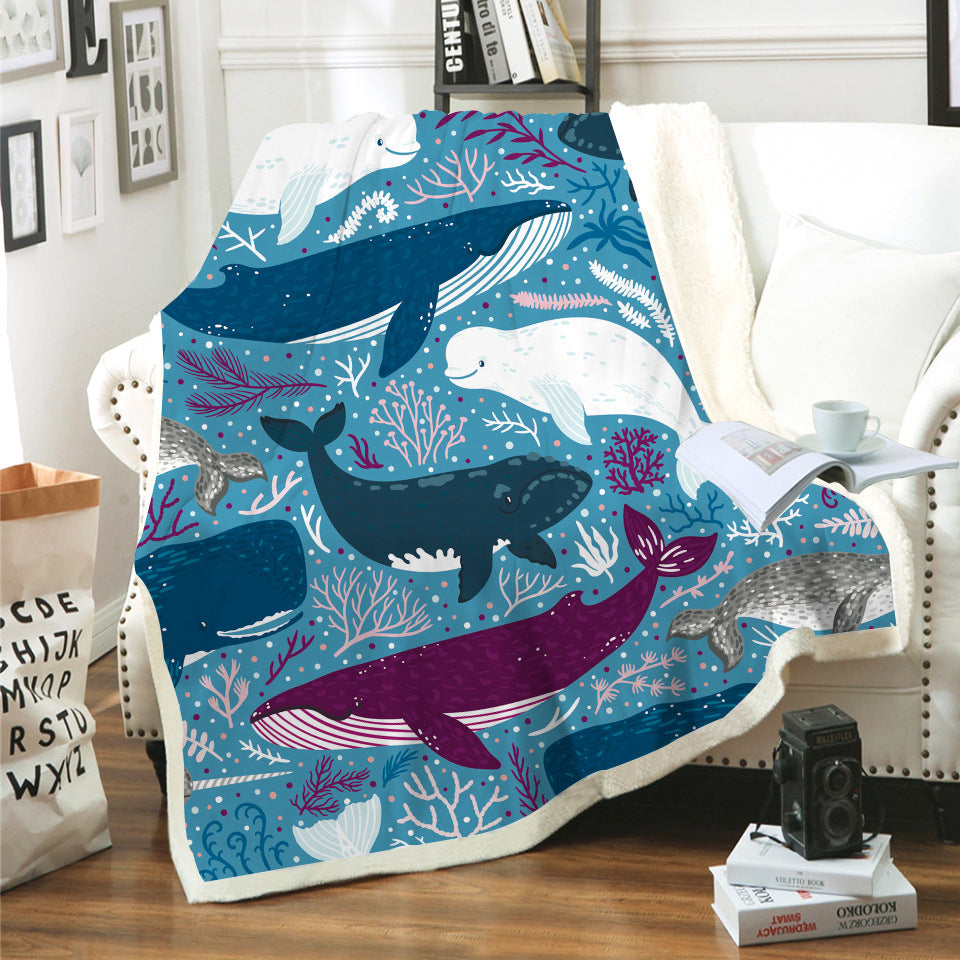 Reversible Sherpa Throw Blanket with Watercolor Dolphin Print Bowlift