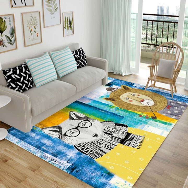 Cartoon Animal Drawing Print Rug Multicolored Synthetic Rug Non-Slip Back Stain Resistant Washable Rug for the Living Room | Bowlift