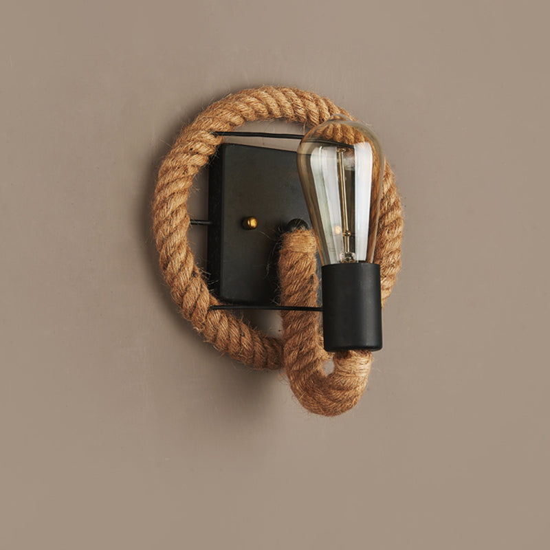 BowLift | 1-Head Rope Wall Lamp Loft Style Black Finish Round/Oval Hall Metal Wall Mount Lighting with Exposed Bulb