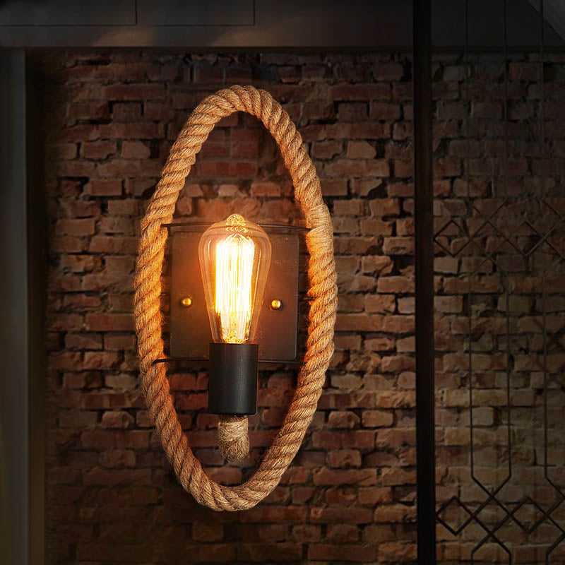 BowLift | 1-Head Rope Wall Lamp Loft Style Black Finish Round/Oval Hall Metal Wall Mount Lighting with Exposed Bulb