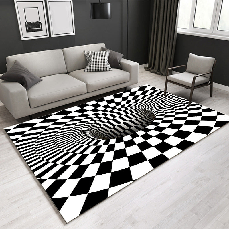 BowLift | Decorative Black-White Modern Carpet Polyester 3D Trick Art Checked Pattern Carpet Stain-Resistant Non-Slip Backing Washable Carpet for Home