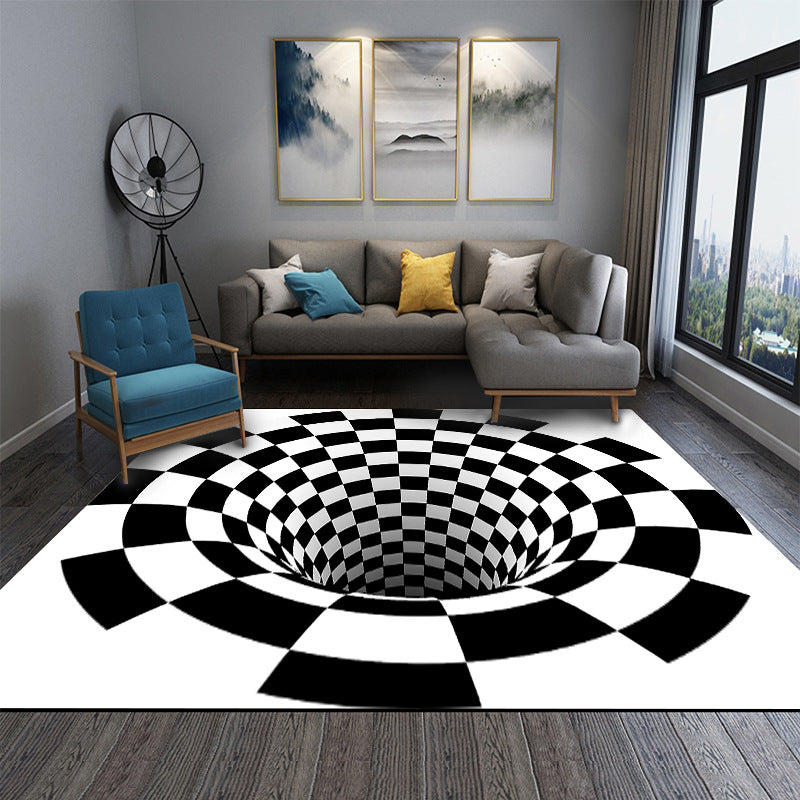 BowLift | Interesting Novelty Dress Black-White 3D Illusion Checkered Fleece Stain-Resistant Pet-Friendly Anti-Slip Background Rug for Bedroom