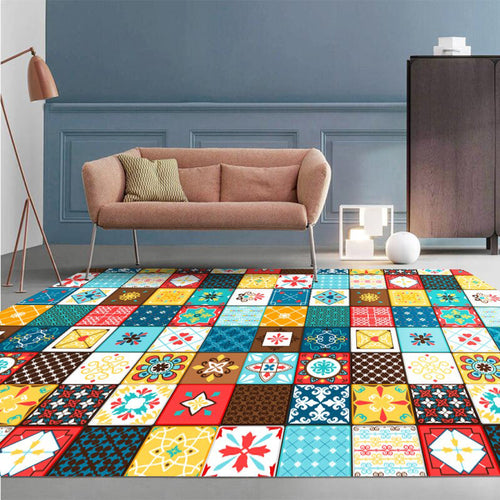 BowLift | Moroccan Mosaic Print Carpet Multicolored Polyester Rug Non-Slip Back Washable Pet-Friendly Rug for Living Room
