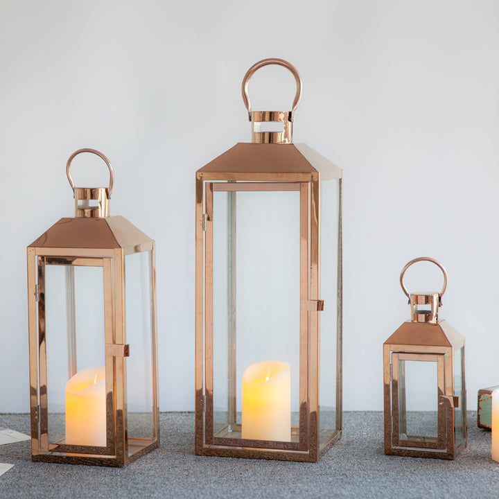 Decorative Gold-Trimmed Glass Lantern Trio with Hinged Door and Carry Ring Bowlift