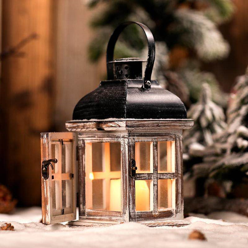 Vintage Farmhouse Glass-Paneled Wooden Lantern with Metal Roof Candle Holder Bowlift